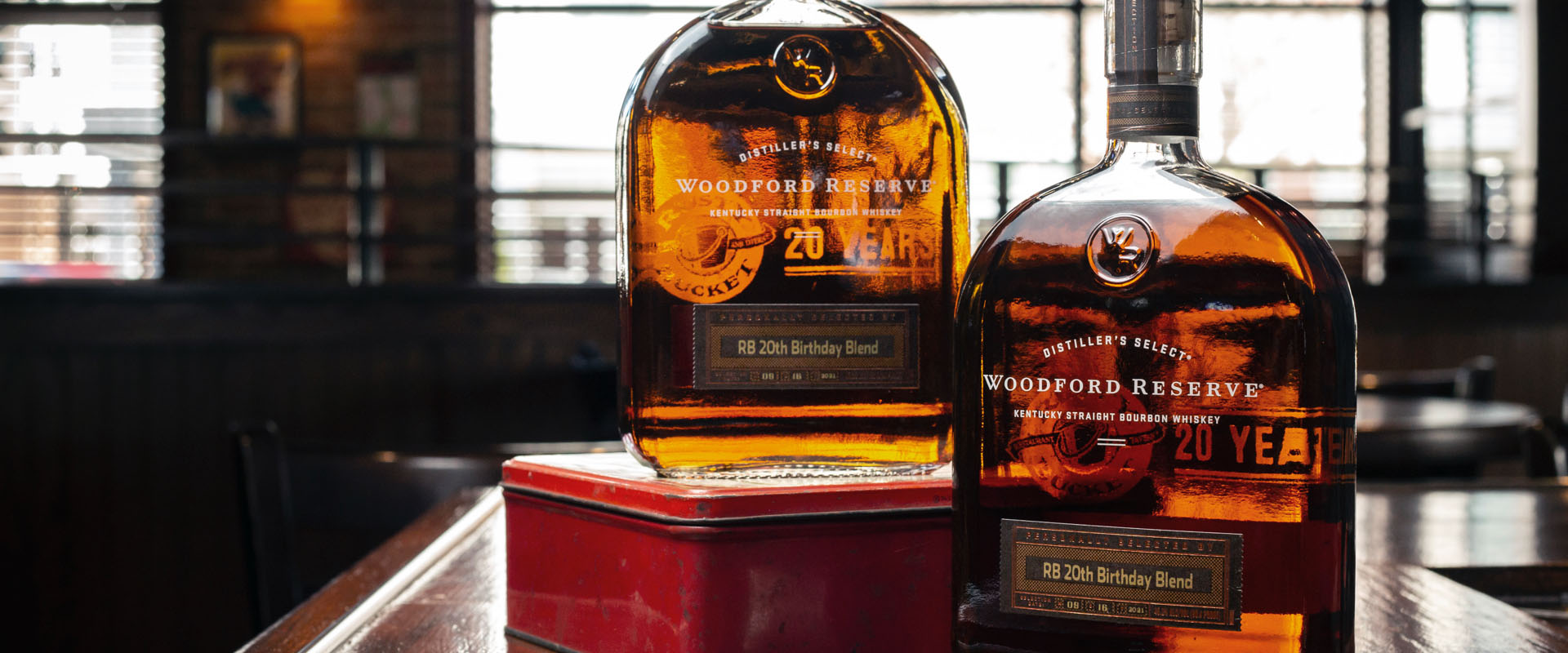 Bottles of the Rusty Bucket's special Woodford Reserve Bourbon on display in the bar.