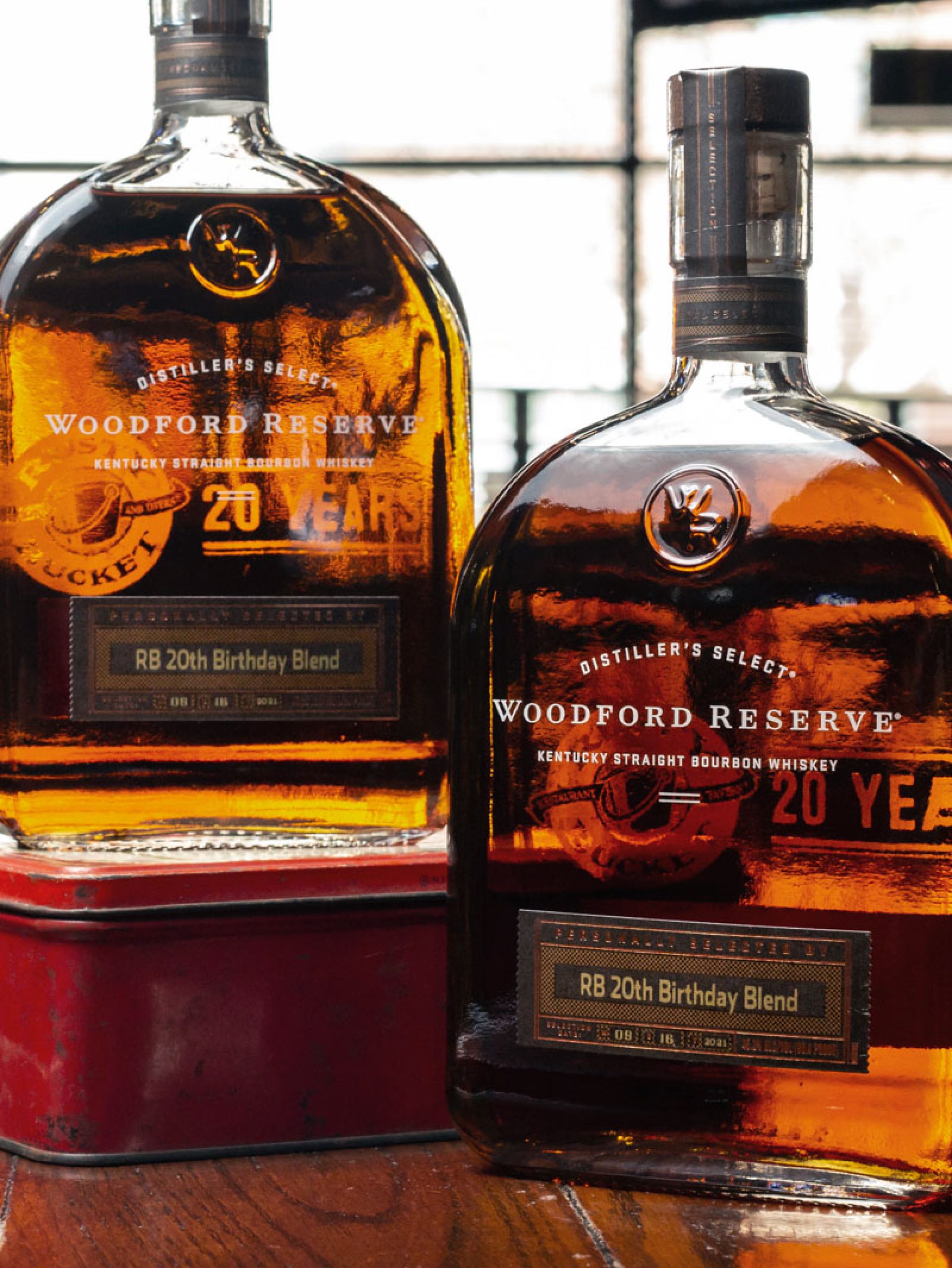 Bottles of the Rusty Bucket's special Woodford Reserve Bourbon on display in the bar.